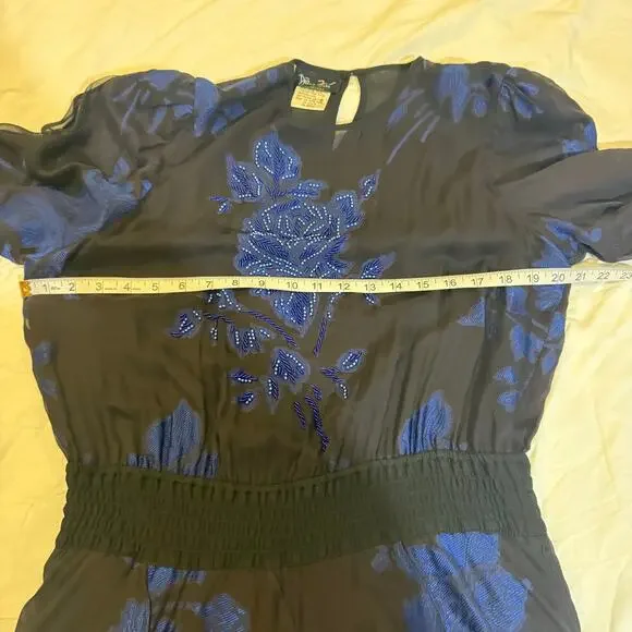 Vintage Diane Freis Silk Dress Beaded Floral Smocked Waist Hong Kong